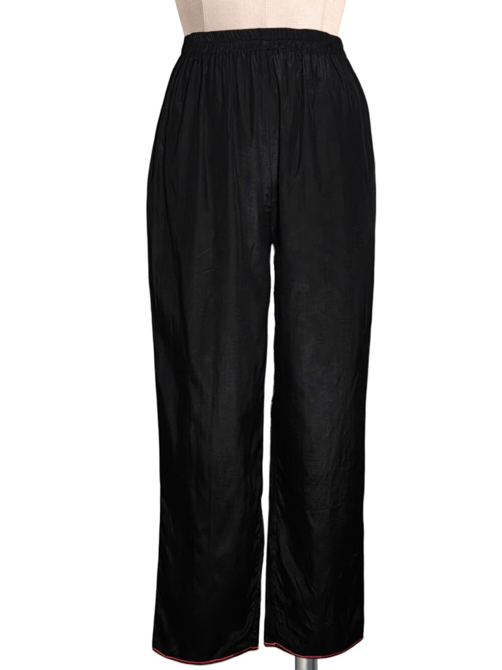 Kunto Black High Waist Pull On Silk/Cotton Airy Black Pants With Red Trim S